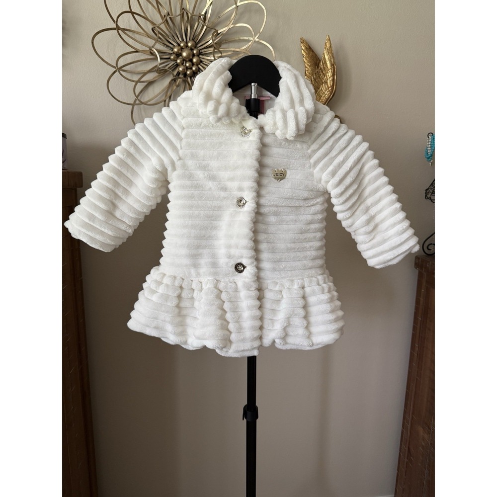 Juicy Couture Girls 2T White Faux Fur Peplum Coat Heart Charm Y2K Toddler